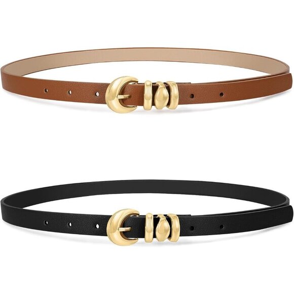 Accessories - Womens Leather Belts 2 Pack Skinny Gold Buckle Adjustable Fits Waist 29-50